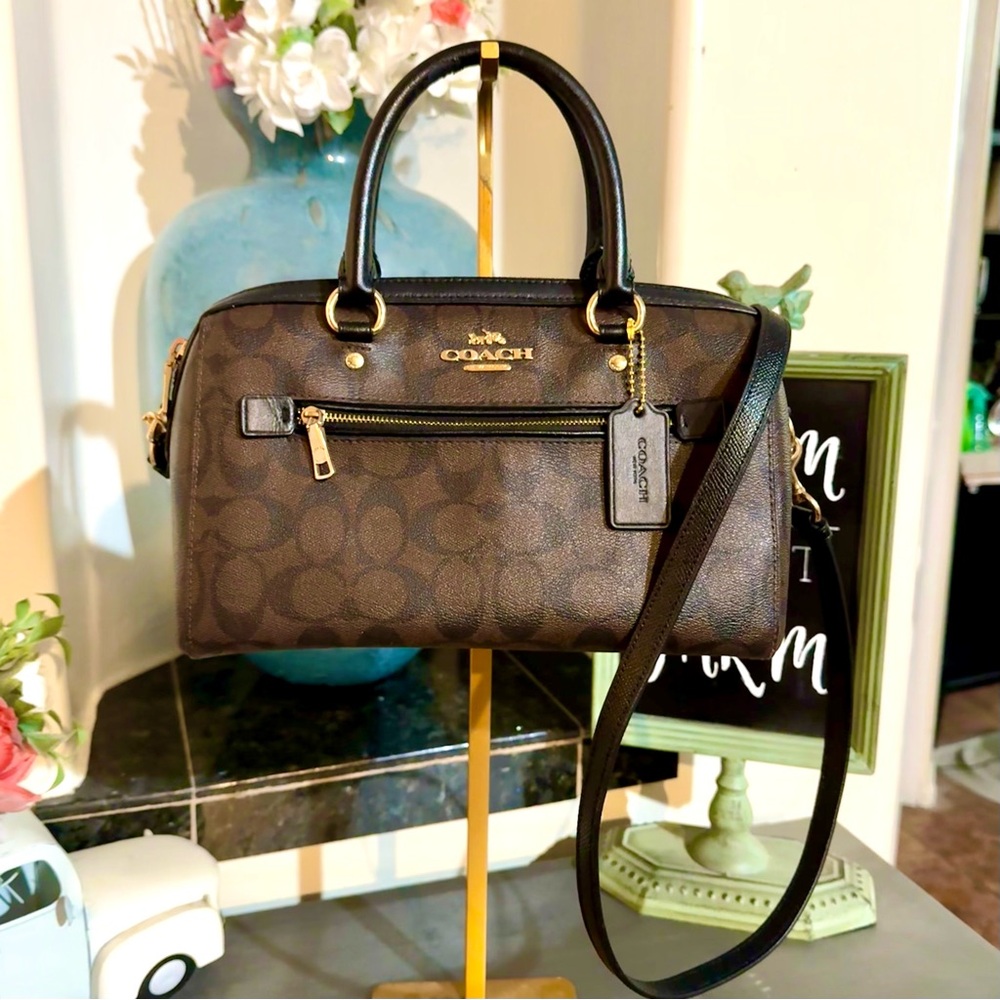Coach Rowan Signature Canvas & Leather Satchel 2022 #F83607 Black, Brown & Gold - Picture 3 of 16